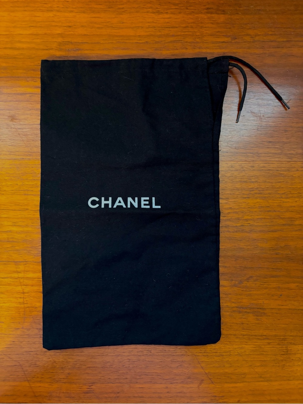 Chanel Black Drawstring Dust Bag w/ White Logo, 12.5x7.5“